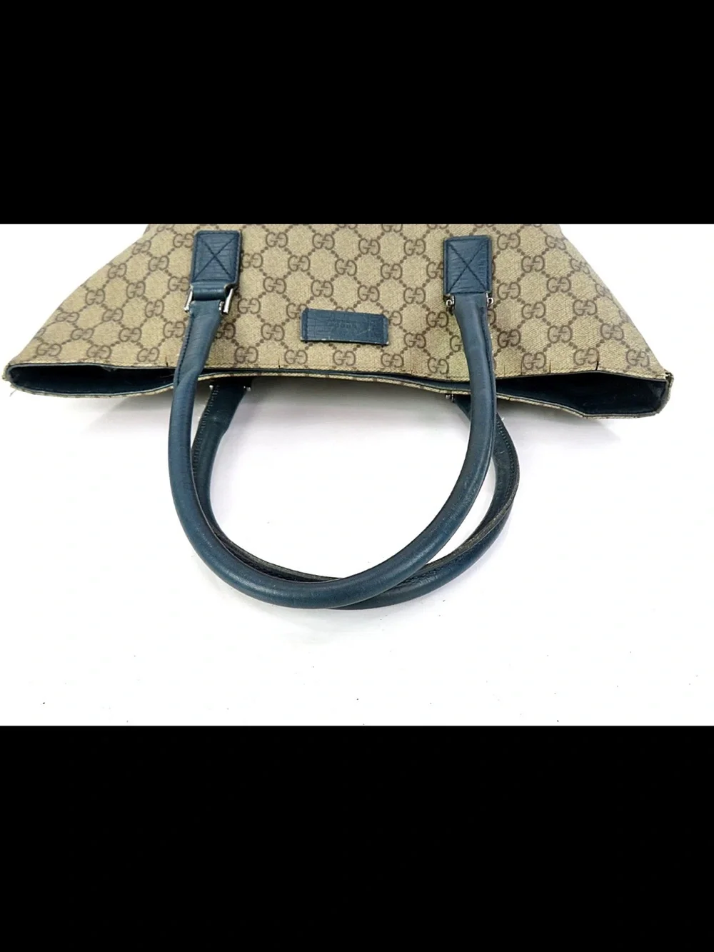 Gucci Beige GG Canvas Tote with Blue Leather Handles
